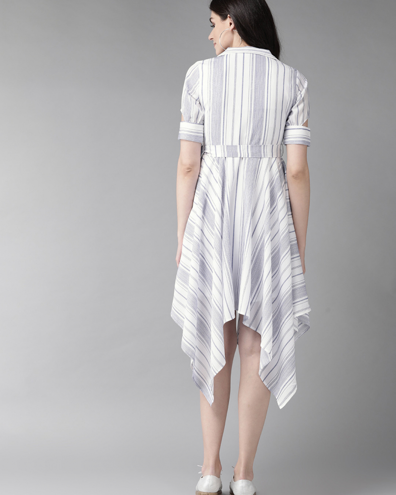 Women White & Blue Striped Asymmetric Hem A-Line Dress - Image 3