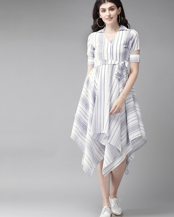 Women White & Blue Striped Asymmetric Hem A-Line Dress