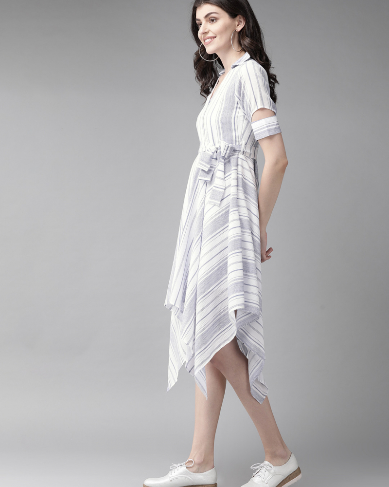 Women White & Blue Striped Asymmetric Hem A-Line Dress - Image 2