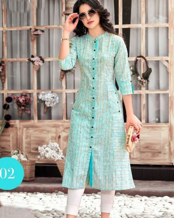 Aqua Breeze Striped Cotton Blend Straight Kurti