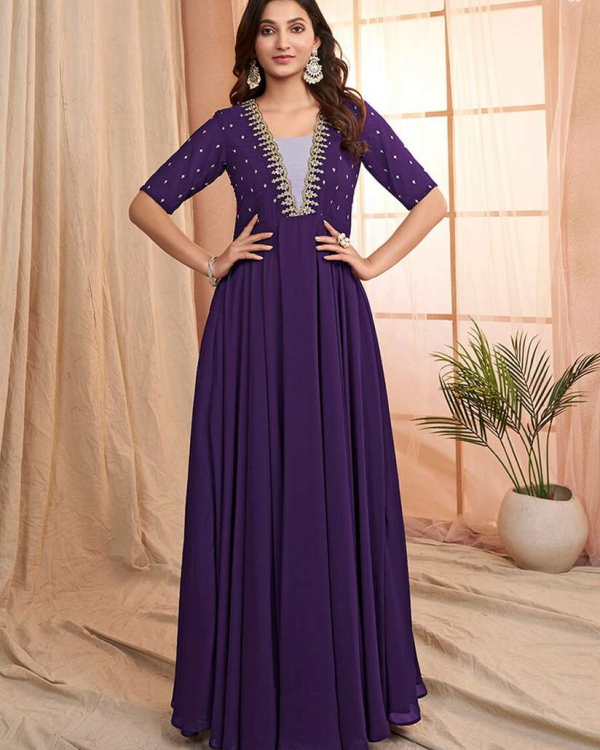 Purple Floral Embroidered V-Neck Georgette Maxi Ethnic Motifs Dress