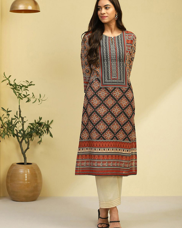 Biba Women's Brown and Black Geometric Printed Straight Kurta