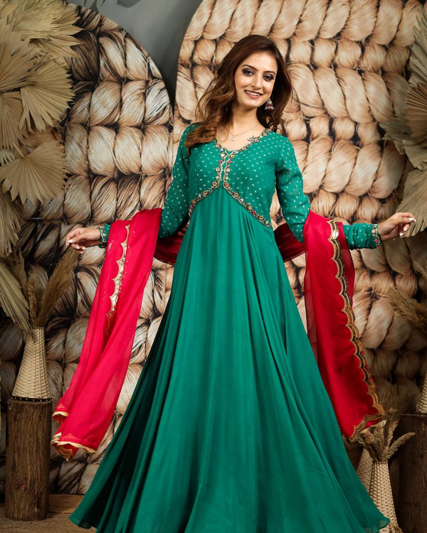 Olive Green Printed Anarkali Gown with Tie-Up Back
