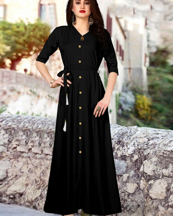 Elegant Black Full-Length Button-Down Rayon Kurti Dress with Tassel Tie-Up Belt