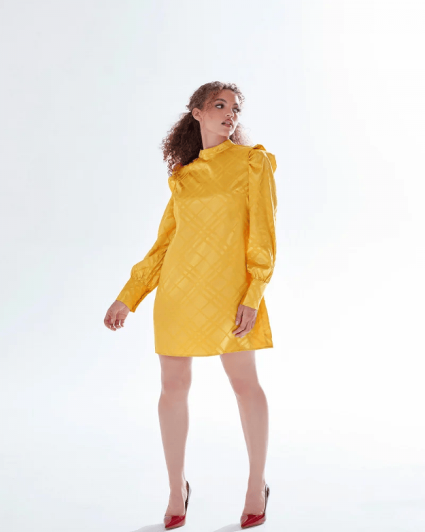 Mustard Checked Jacquard Mini Dress – Bold & Stylish Look