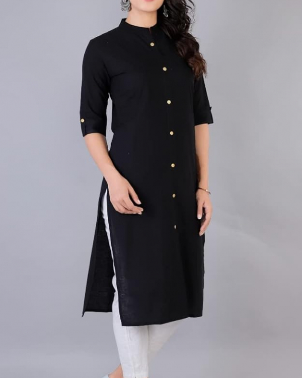 Women's Solid Black Cotton Blend Straight Calf-Length Kurti
