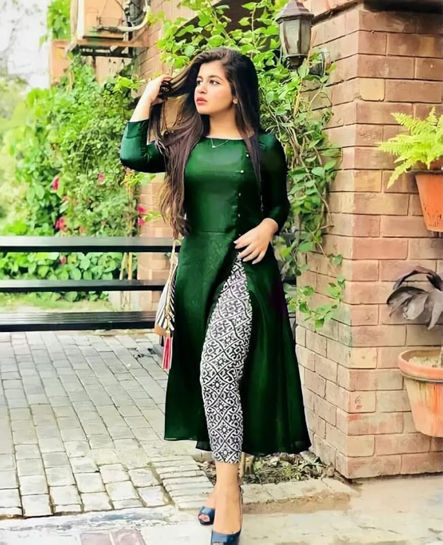 Elegant Dark Green Side-Slit Kurti with Contrasting Patterned Trousers
