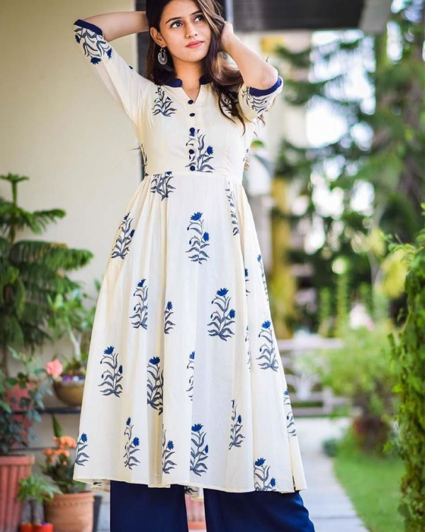 Elegant Ivory & Blue Floral Print Cotton Anarkali Kurta Set