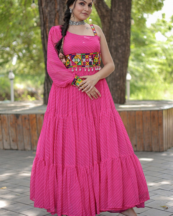 Pink Georgette Leheriya Printed Navratri Gown