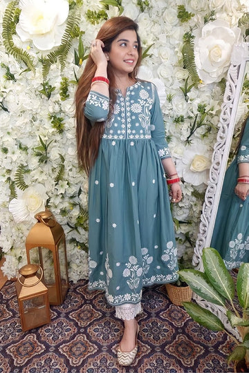 Elegant Dusty Blue Frock-Style Kurta Set with White Embroidery