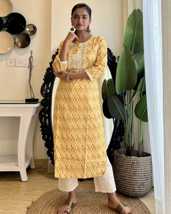 Yellow Hand Block Printed Cotton Kurta and Pant Set