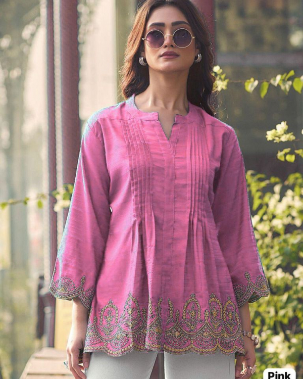 Trending Short-Length Heavy Rayon Slub Kurti with Embroidery Cut Work