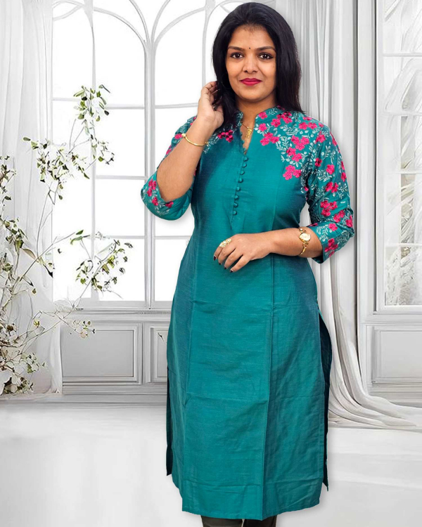 Designer Rama Green Slub Silk Straight Kurti with Floral Embroidery