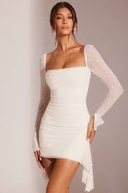 White Embellished Long Sleeve Cowl-Neck Mini Dress – Ferrara Edition