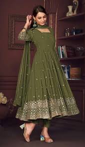 Olive Green Embroidered Semi-Stitched Anarkali Dress Material