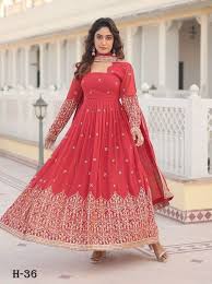 Red Faux Georgette Anarkali Gown with Sequins Embroidery & Cut-Work Dupatta
