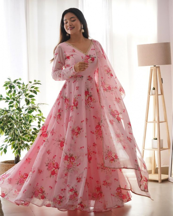 Pink Digital Floral Printed Georgette Anarkali Gown with Dupatta