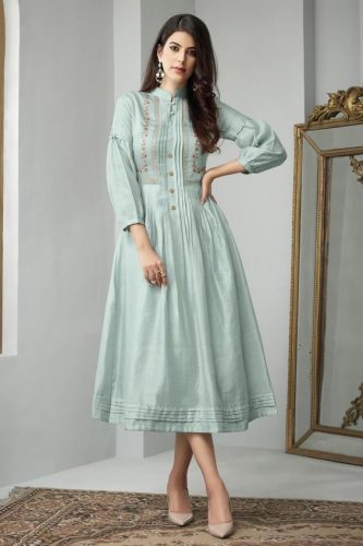 Mint Green Embroidered Frock Style Kurti