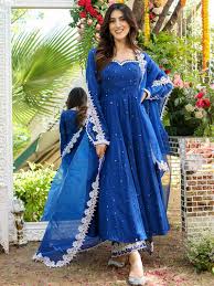 Royal Blue Embroidered Anarkali Kurta Set with Dupatta.