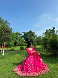 Pink Partywear Woven Printed Rayon Anarkali Suit With Dupatta or Pink Navratri Special Bandhani Kurti with Kora Cotton Frill Lehenga Set.