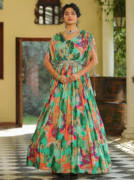 Scakhi Green Printed Ethnic Maxi Dress/Gown