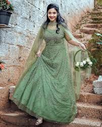 Elegant Olive Green Embellished Lehenga Gown