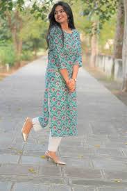 Mint Green Floral Straight Cut Cotton Kurta