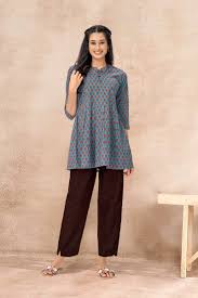 Women's Casual Grey/Blue Printed Short Tunic and Brown Trousers Set