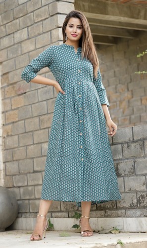 Stylish Women's Teal Printed A-Line Cotton Kurti/Dress